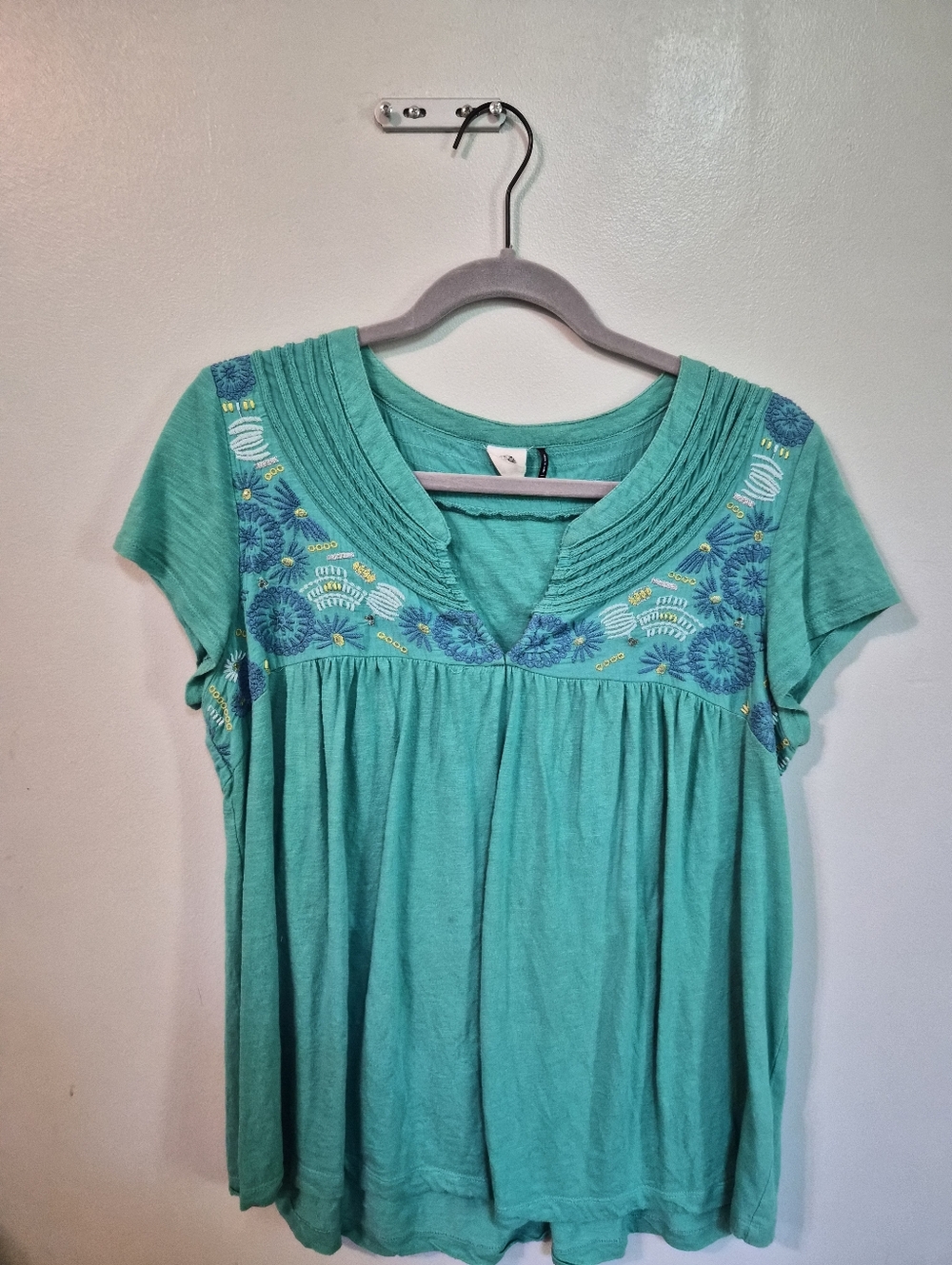 Turquoise Embroidered V-Neck Top